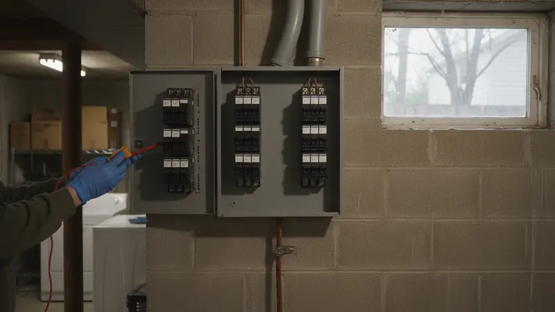 An open service panel during a heavy-up — the most quoted electrical job in the county Electrician work in Howard County, MD.